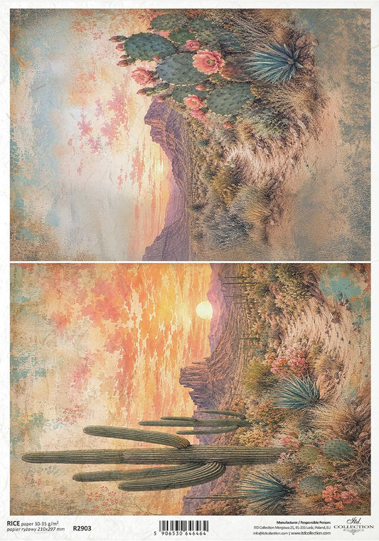 A two-panel desert landscape art print or decorative panel featuring a cliffside with cacti, succulents, and pink flowers above, and a desert sunset with saguaro cacti below. The artwork has a textured, vintage paper look with warm beige, orange, brown, and muted green tones.