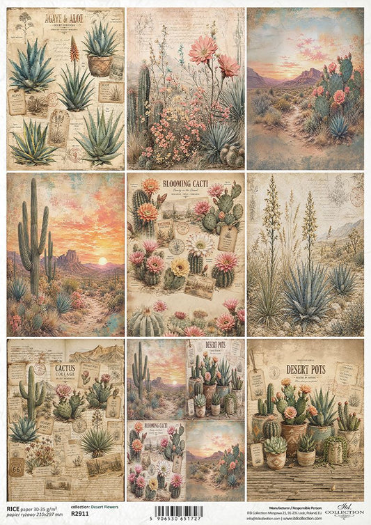 A 9-panel rice paper sheet featuring vintage-style desert illustrations, including cacti, succulents, flowers, mountains, and rustic text panels on a beige background.