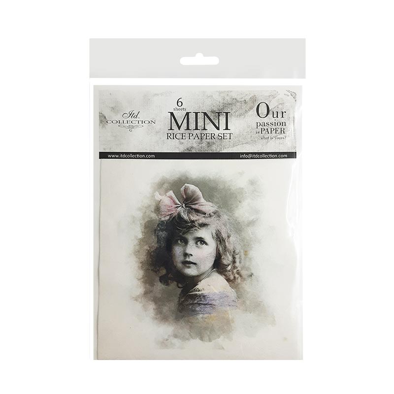 Package of mini rice paper sets with a vintage-style portrait on a white background