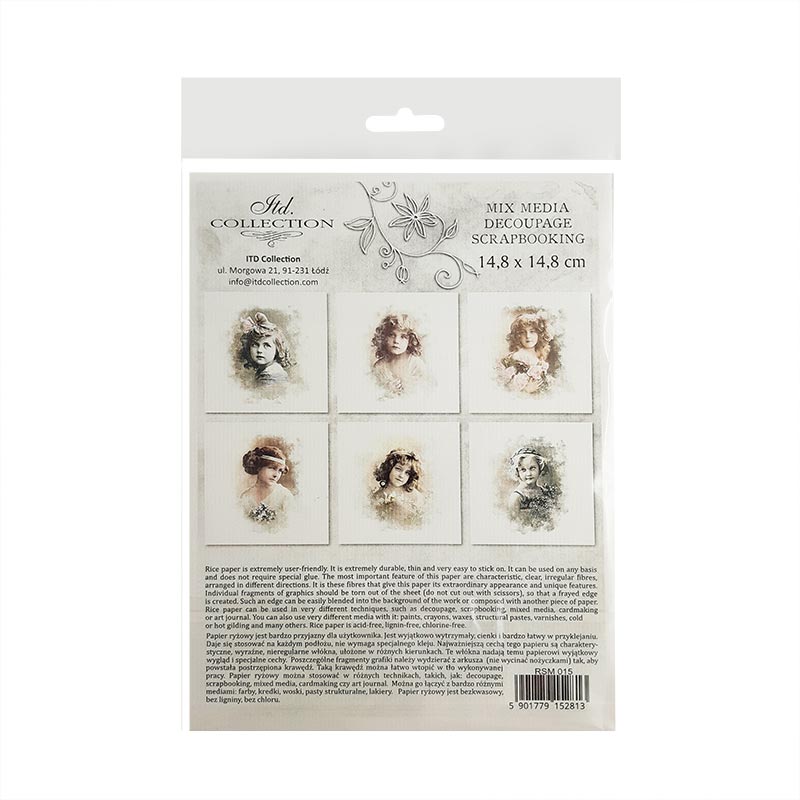 Packaged decoupage rice paper with vintage-style portraits on a white background