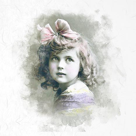 Vintage-style portrait of a young girl with a pink bow in her hair
