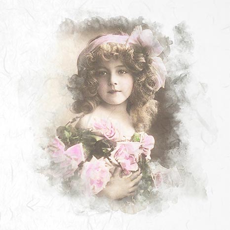 Vintage-style portrait of a young girl holding pink flowers with a soft, blurred background.
