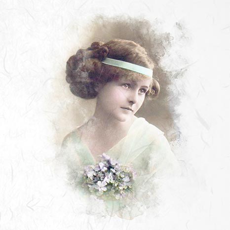 Vintage photograph of a woman with a floral headband and bouquet, framed by clouds.
