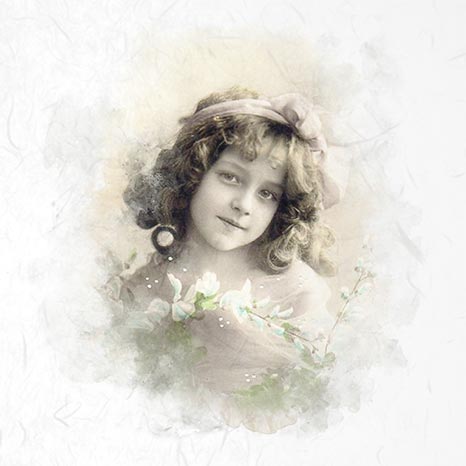 Vintage-style portrait of a young girl with floral decorations
