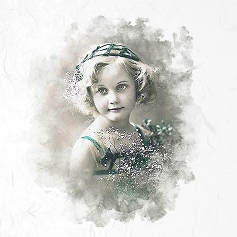 Vintage-style portrait of a young girl with a decorative headband and flowers.