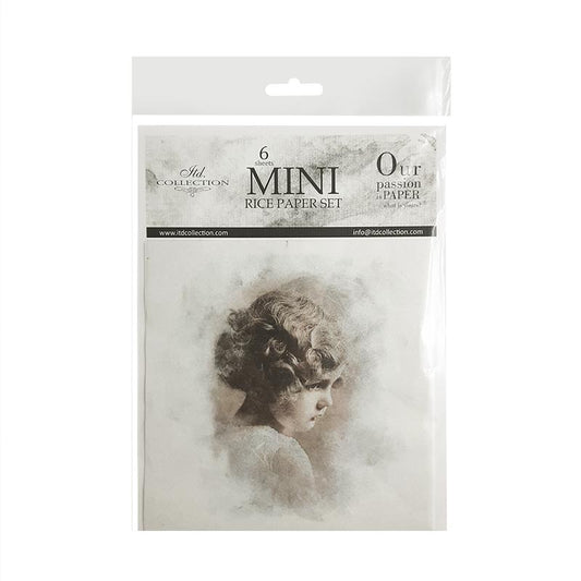 Package of mini rice paper sets with a vintage-style portrait on a white background