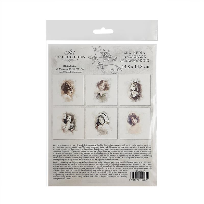 Packaging of decoupage paper with vintage-style portraits on a white background