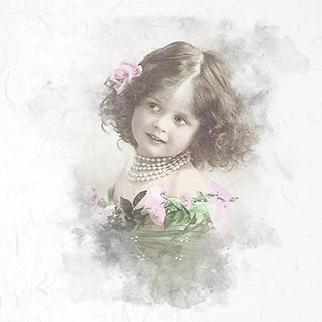 Vintage-style portrait of a young girl with flowers and a pearl necklace on a light background