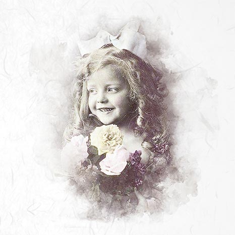 Vintage-style photo of a young girl holding flowers with a soft, blurred background