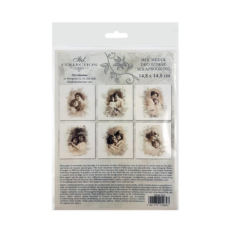 Packaging of ITD Collection decoupage rice paper with images of women and text.