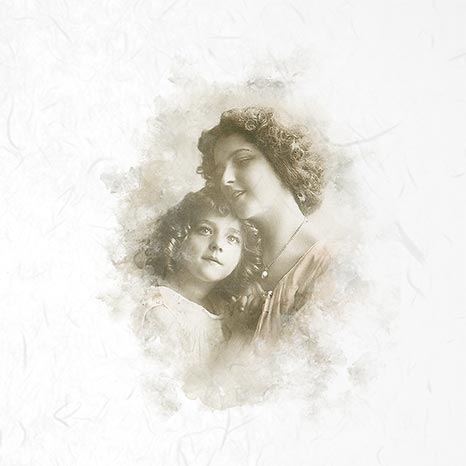 Vintage photograph of a woman and a child with a decorative frame.
