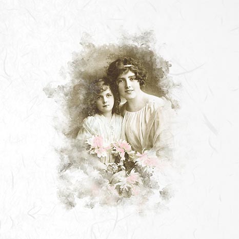 Vintage-style portrait of two women holding flowers on a textured white background