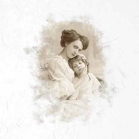 Vintage photograph of a woman and child in white dresses against a textured white background