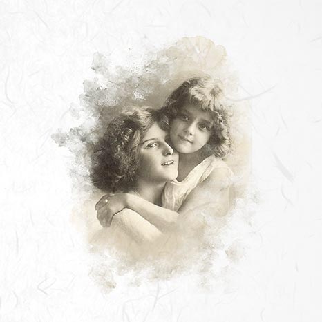 Vintage-style photo of two women embracing, with a textured white overlay.