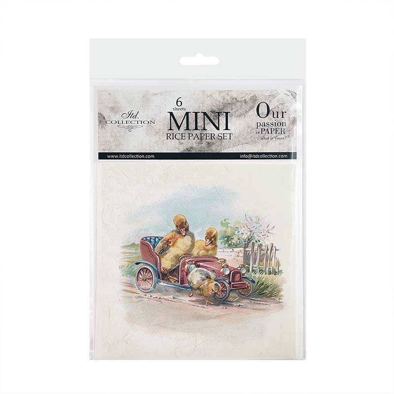 Packaging of mini rice paper sets with a vintage car and duck illustration