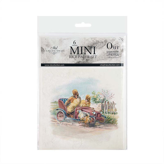 Packaging of mini rice paper sets with a vintage car and duck illustration