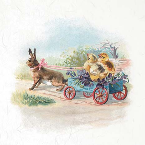 Illustration of a rabbit pulling a cart with two chicks