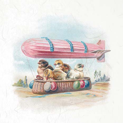 Illustration of birds in a basket attached to a pink dirigible balloon with a scenic background.