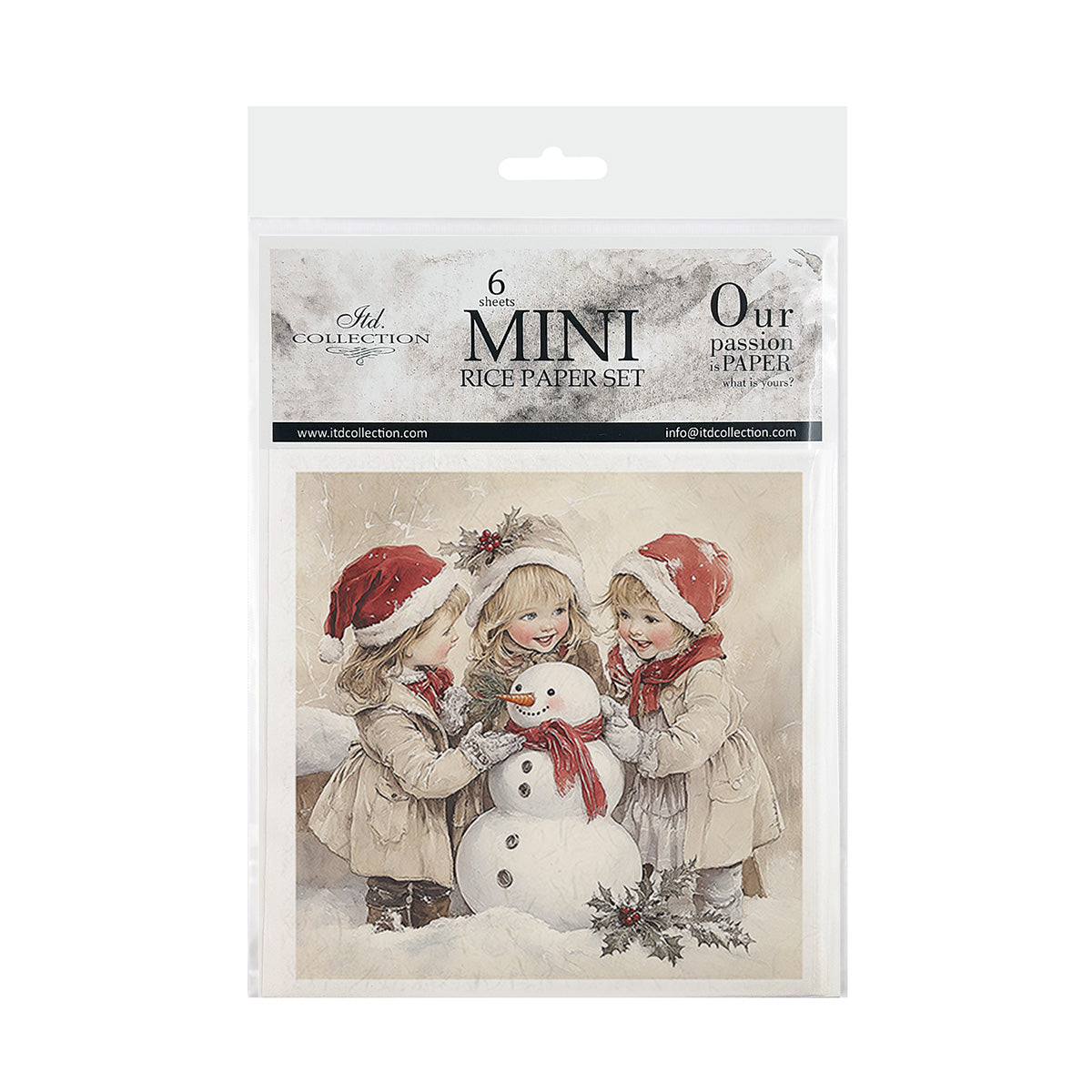 Packaging of a mini rice paper set with children and a snowman design.