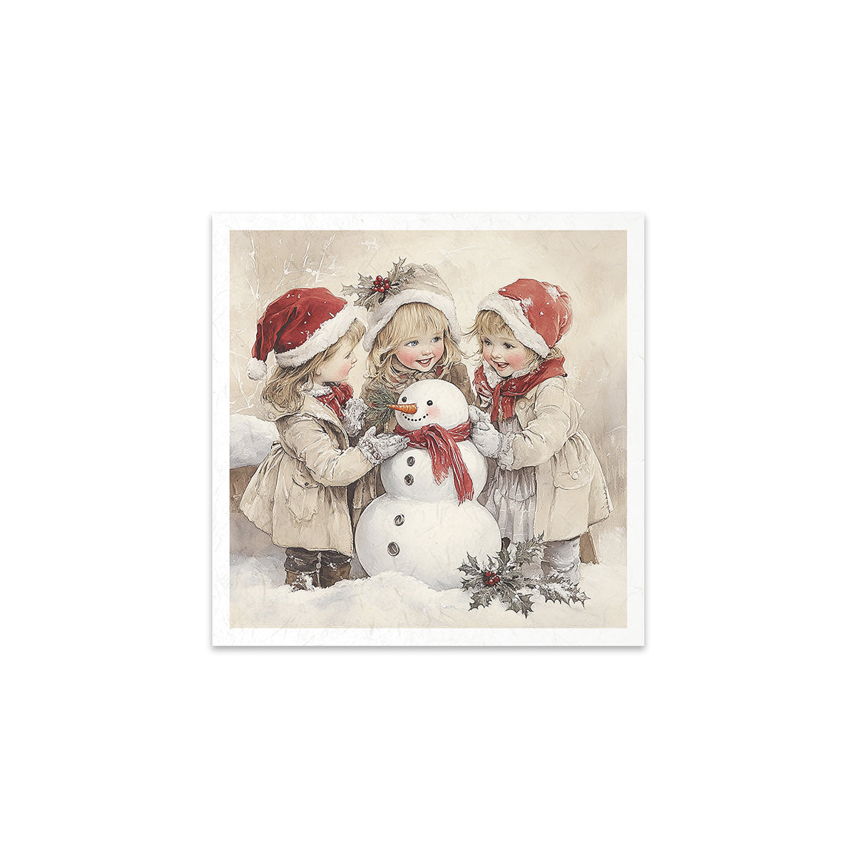 Three children in winter clothing with a snowman on a snowy background