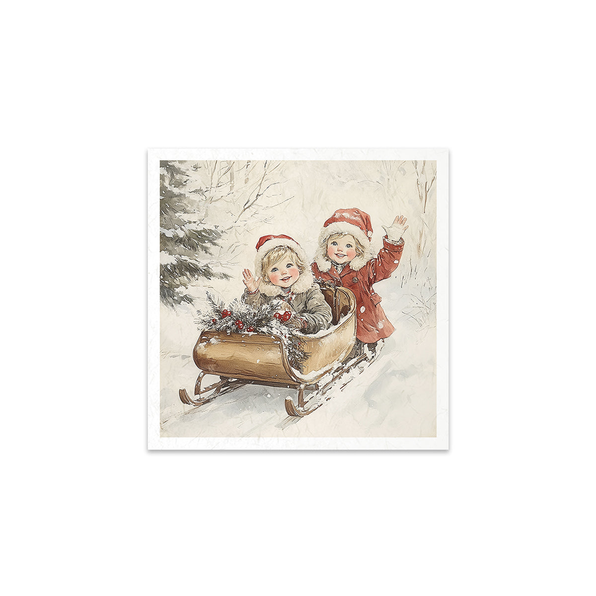 Vintage-style illustration of two children in a sled with a snowy background
