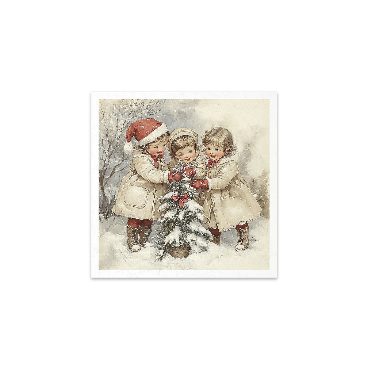 Three children in winter clothing standing around a small tree in the snow.