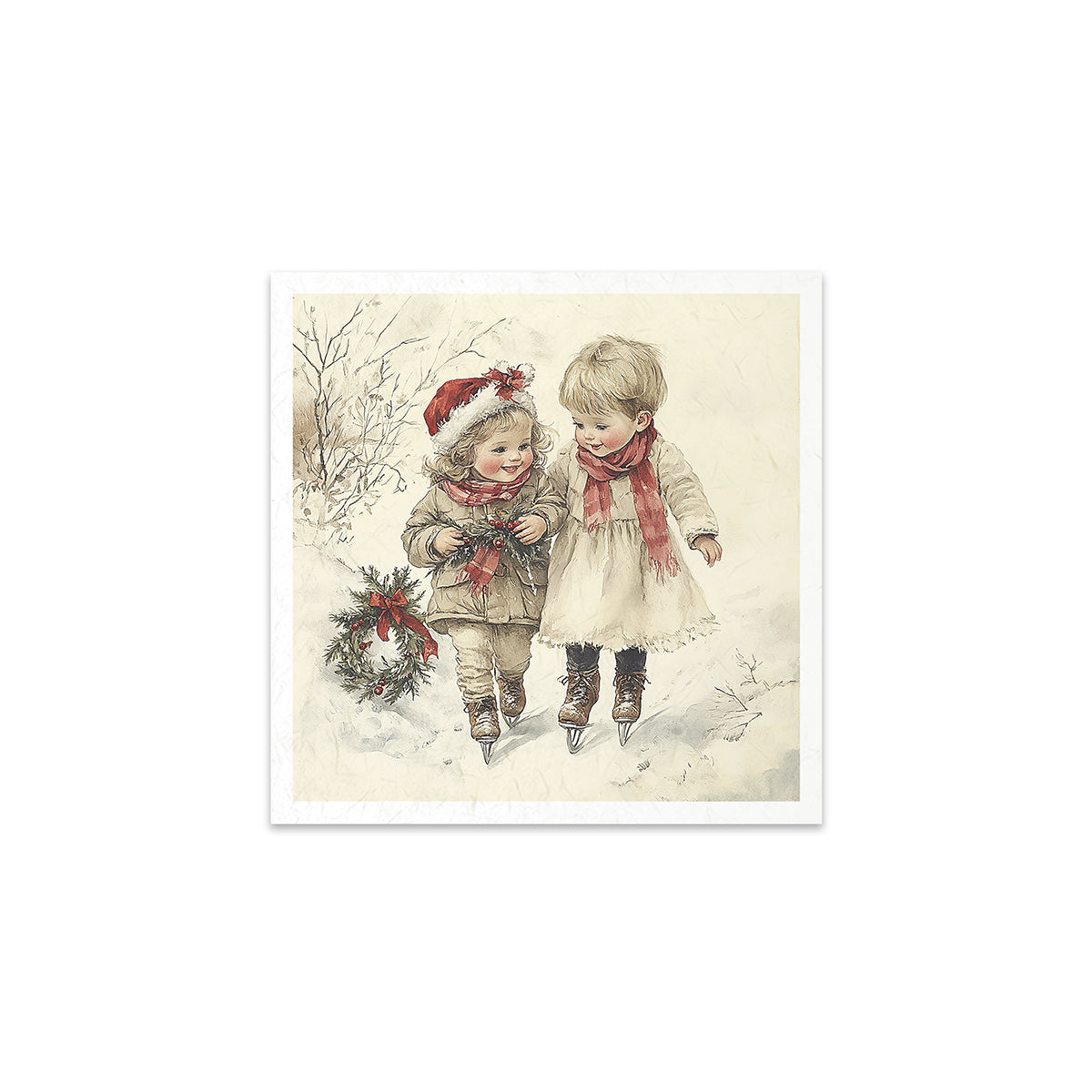 Vintage-style illustration of two children in winter clothing with a wreath.