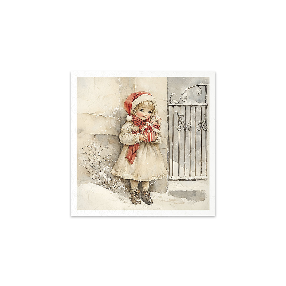 Illustration of a child in a snowy scene holding a gift and a teddy bear.