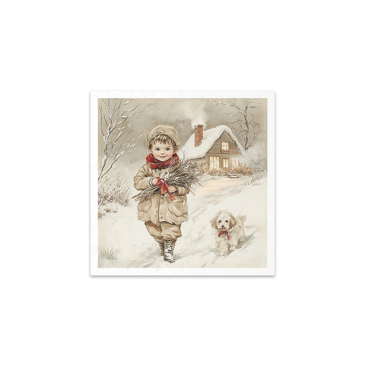 Vintage-style illustration of a child in a snowy landscape with a house in the background.
