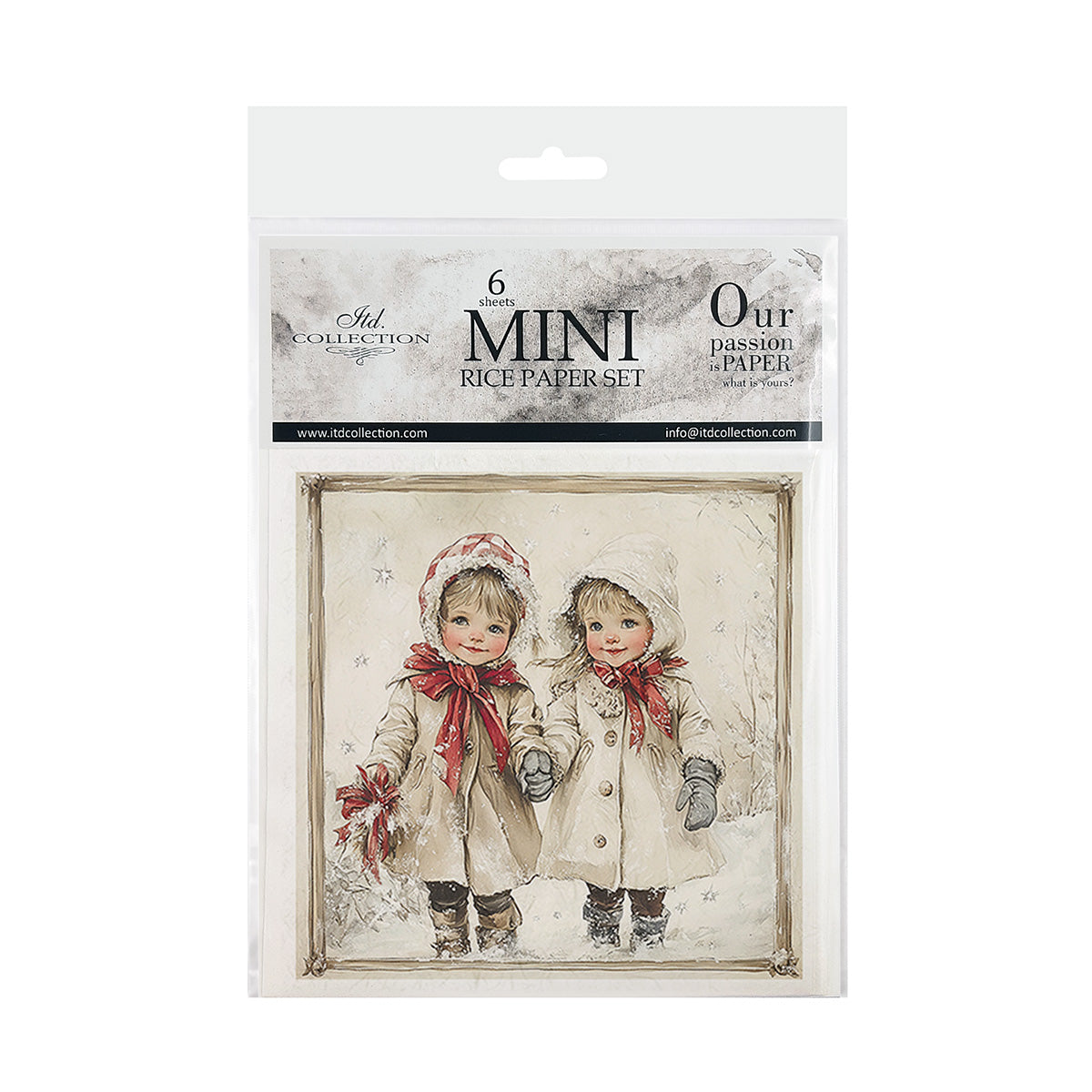 Packaging of mini rice paper sets with illustrations of two children in winter clothing.