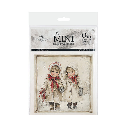 Packaging of mini rice paper sets with illustrations of two children in winter clothing.