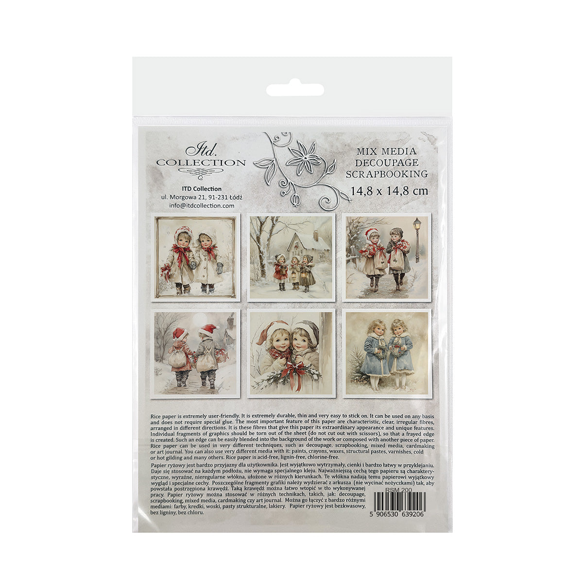 Packaging of decoupage rice paper with images of children in winter clothing.