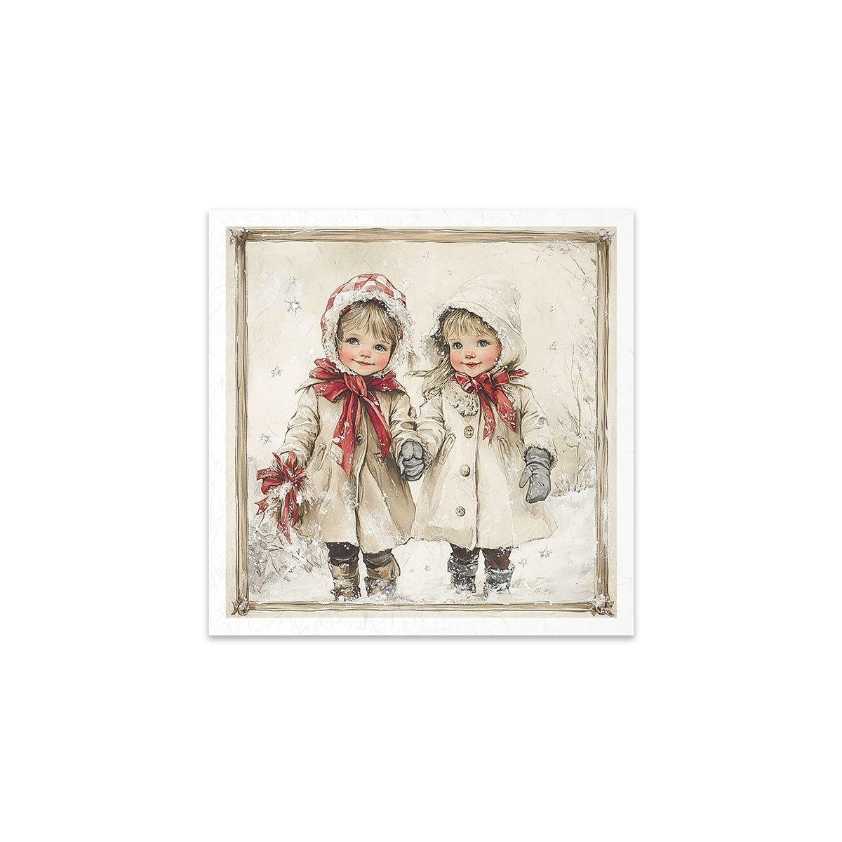 Illustration of two children in winter clothing with a decorative frame on a white background