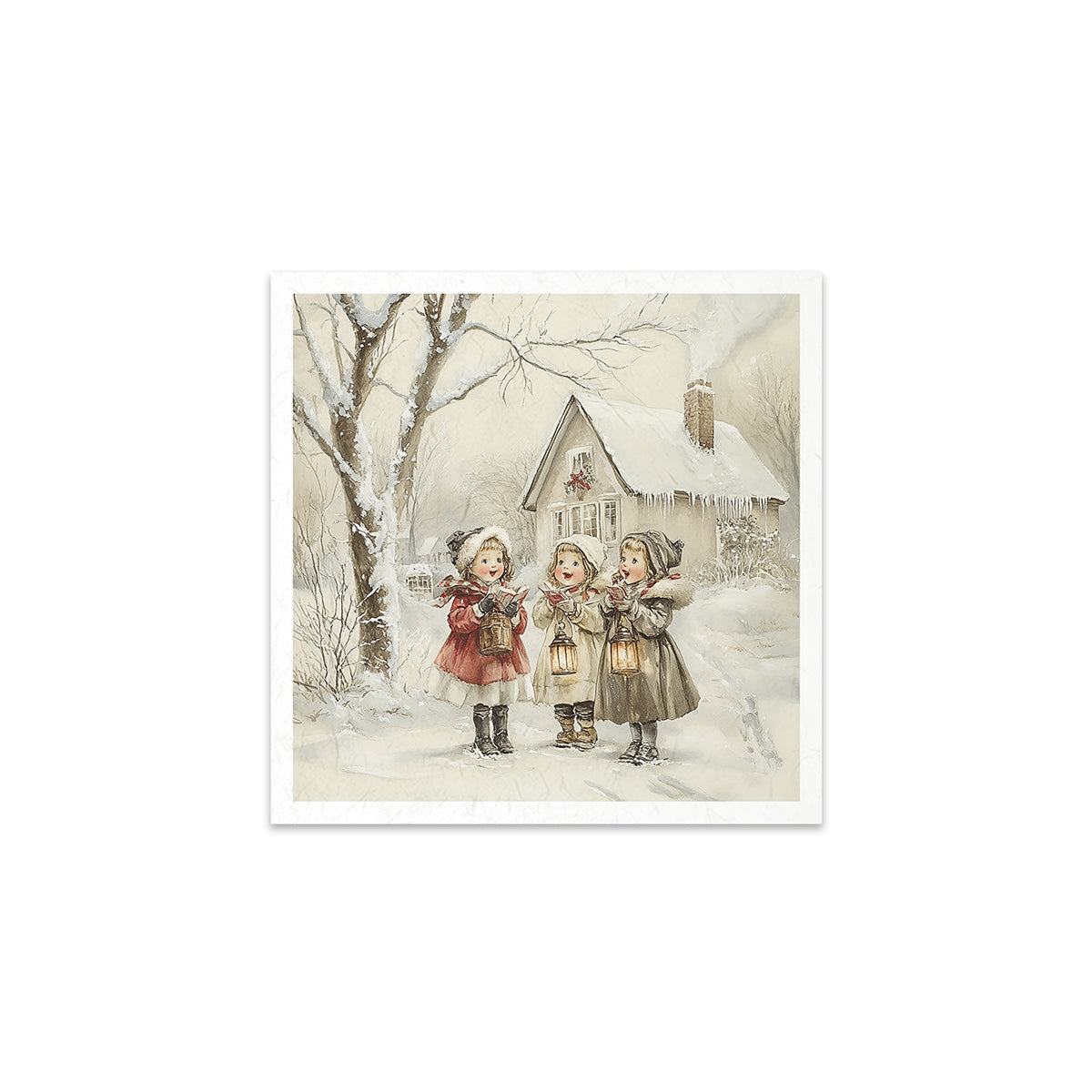 Vintage-style illustration of three children in winter clothing standing in a snowy landscape with a house in the background.