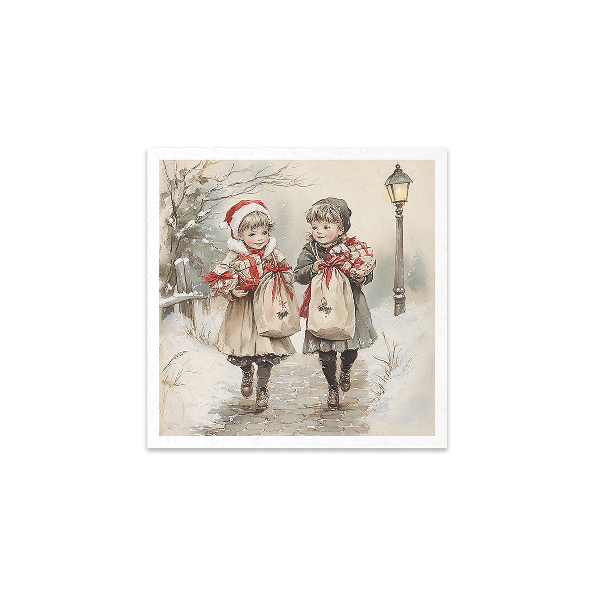 Vintage-style illustration of two children in winter clothing walking together.