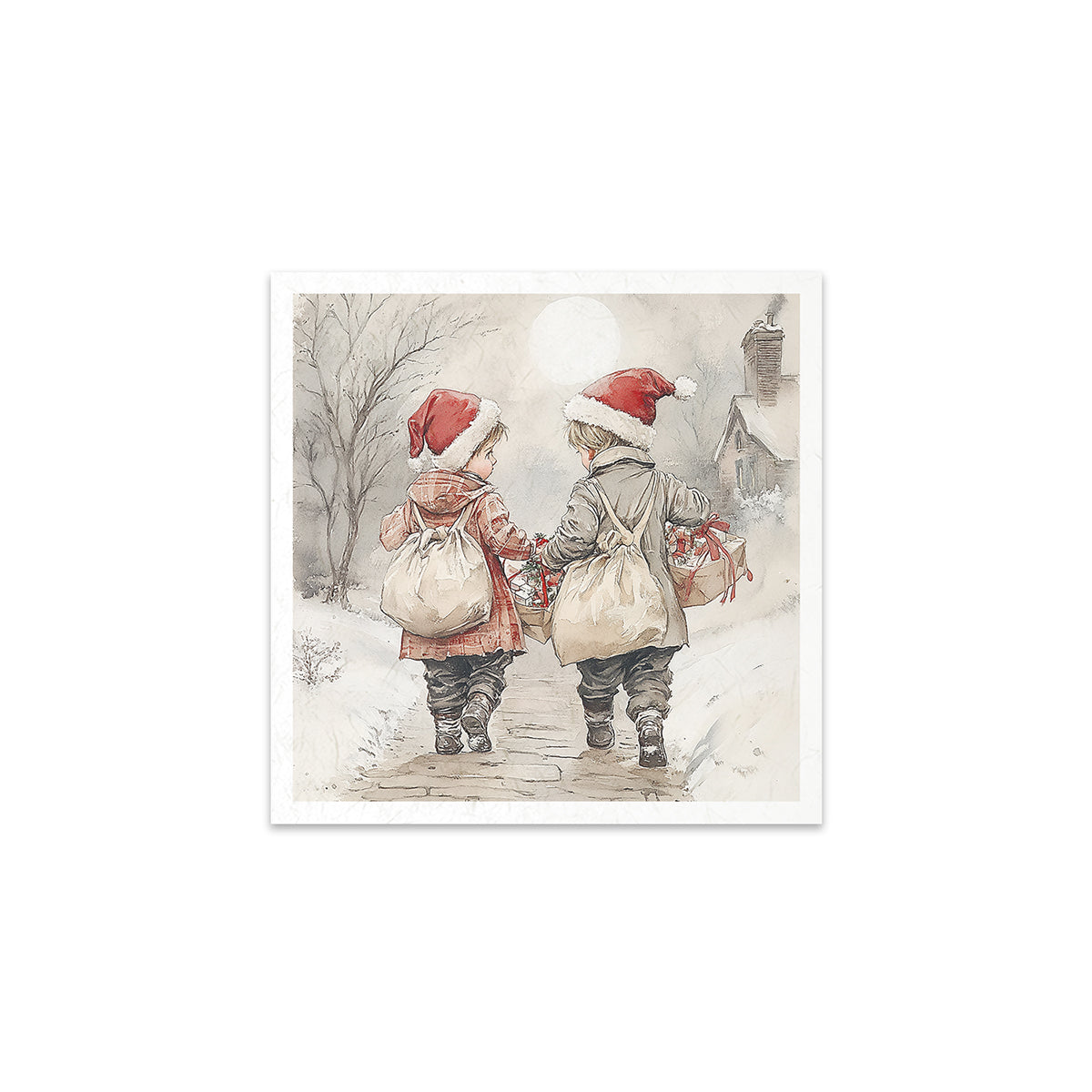 Two children in Santa hats walking together in a snowy scene.