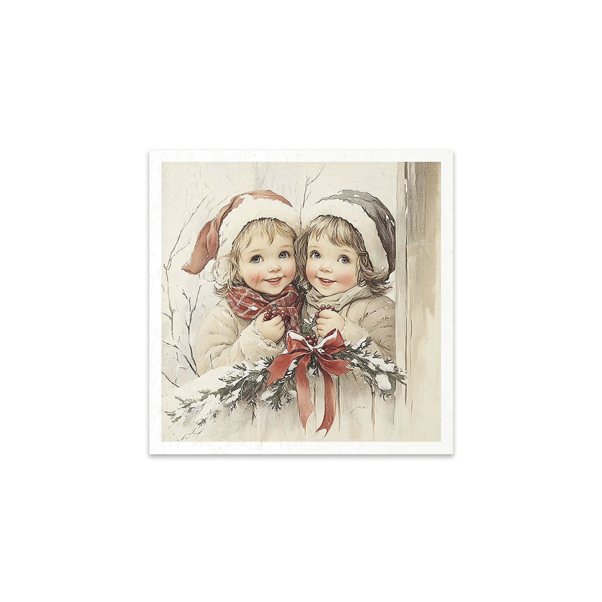 Vintage-style illustration of two children holding a Christmas wreath with a red bow.