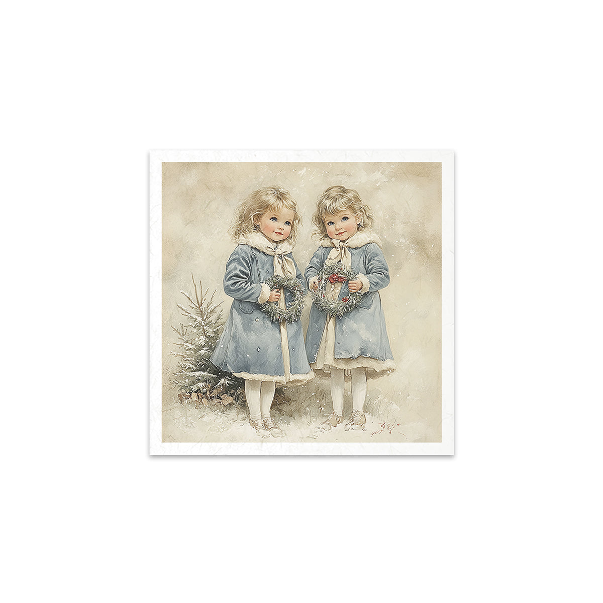 Vintage-style illustration of two children in winter clothing with a Christmas tree.