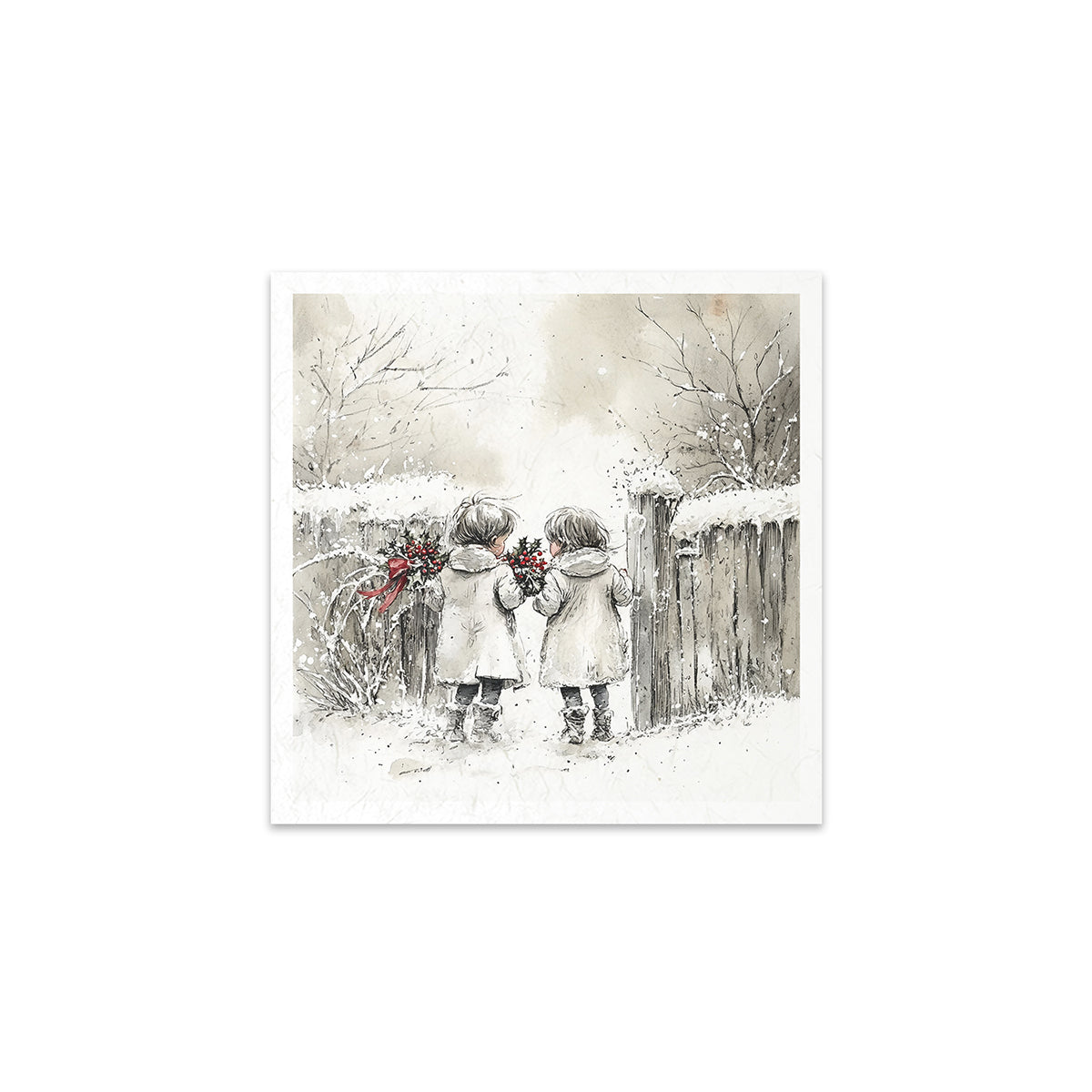 Two children in winter clothing standing in a snowy landscape with a wooden fence and bare trees.