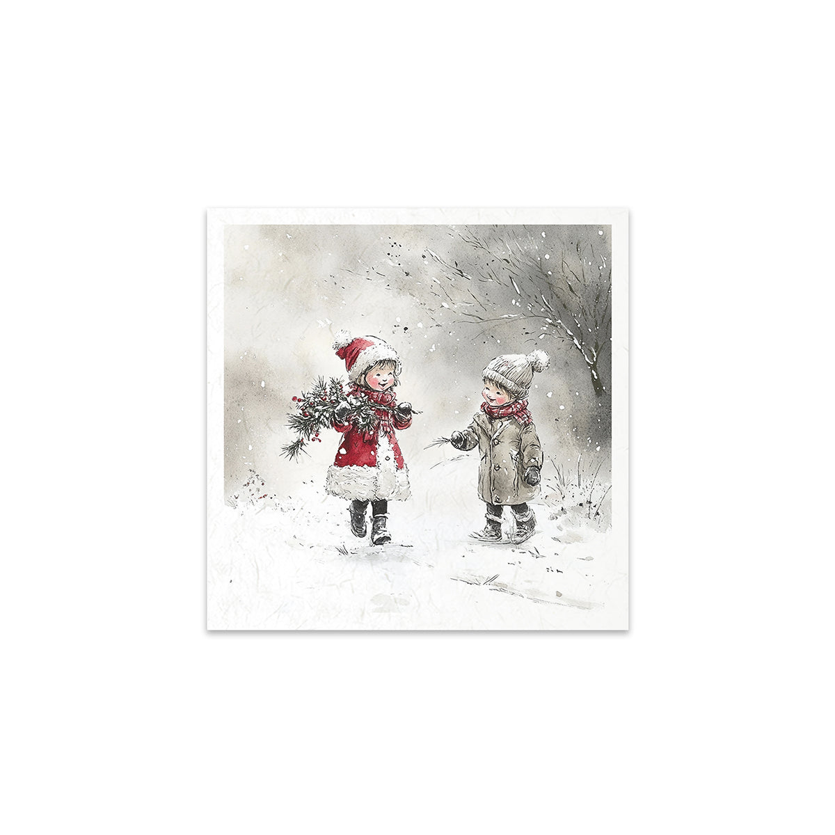 Illustration of two children in winter clothing standing in a snowy landscape.
