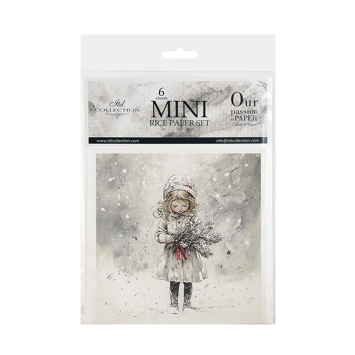 Packaging of a mini rice paper set with a girl holding flowers in a snowy scene.