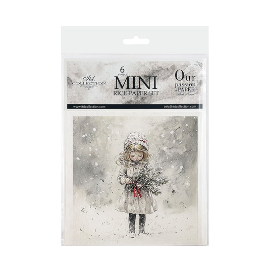 Packaging of a mini rice paper set with a girl holding flowers in a snowy scene.
