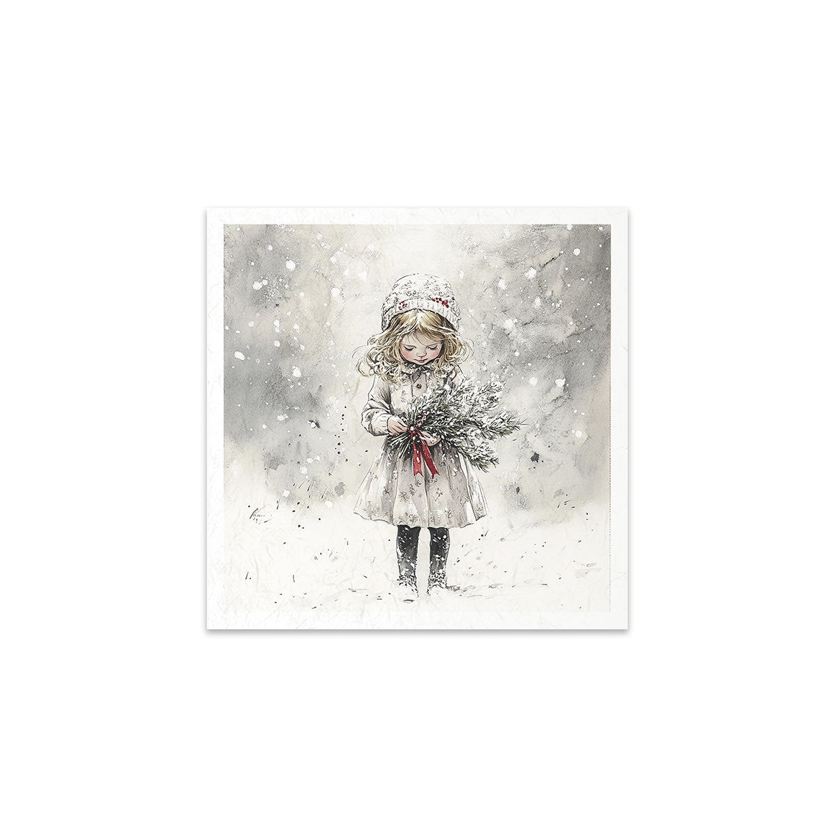 Illustration of a girl in a snowy scene holding a bundle of branches.