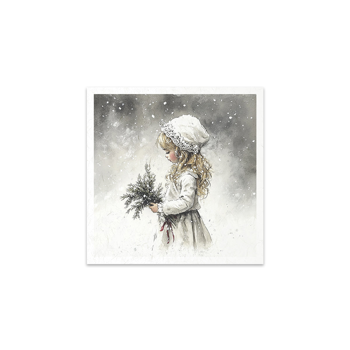Illustration of a girl in a snowy scene holding a branch.