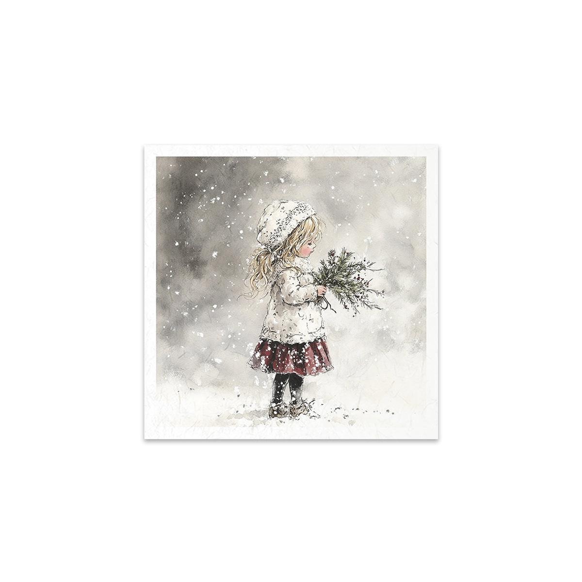 Illustration of a girl in a snowy scene holding a branch.