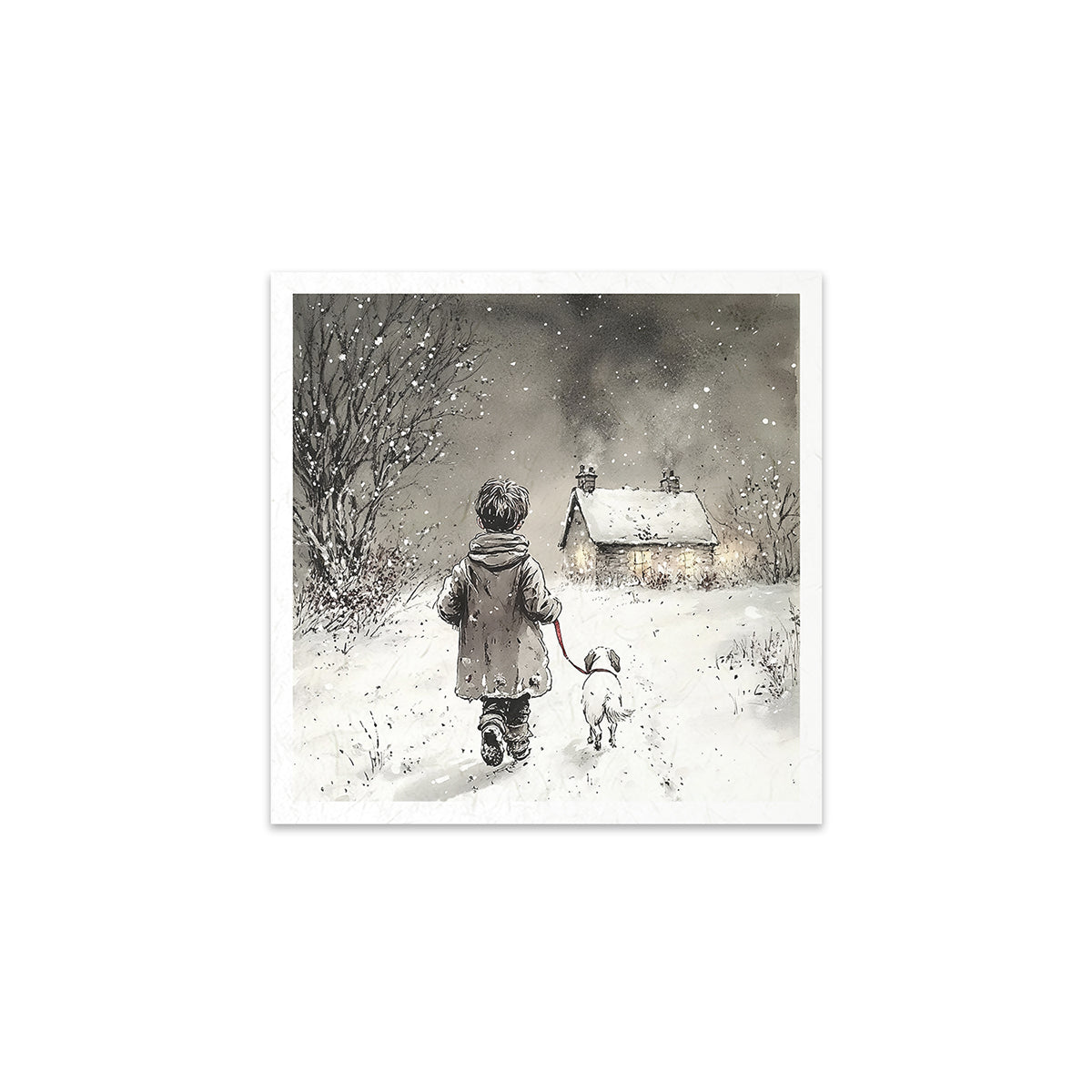 Little boy walking with a dog in the snowfall.