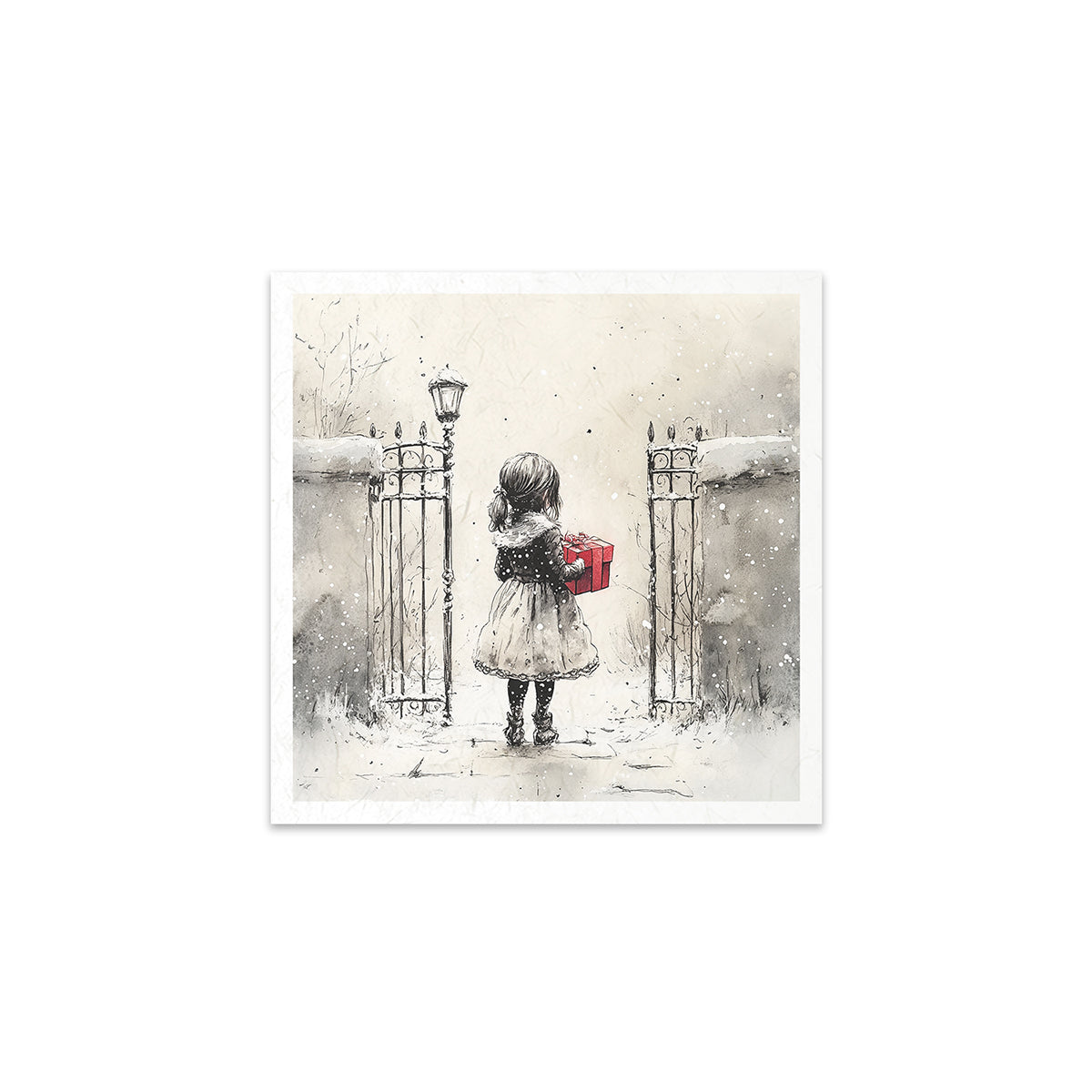 Illustration of a child holding a red gift in a snowy scene with a gate.