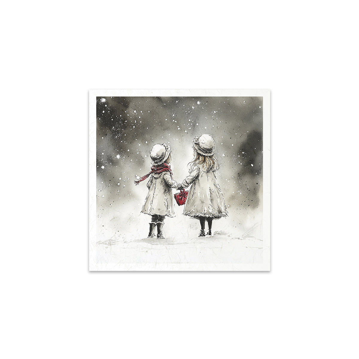 Illustration of two children holding hands in a snowy scene