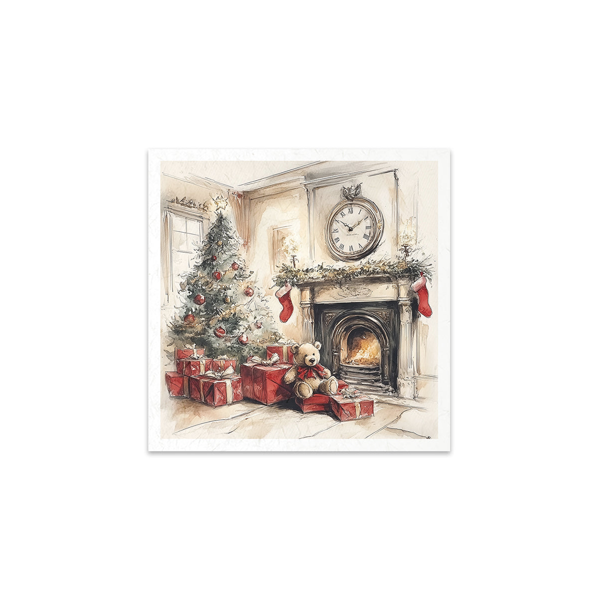 Christmas scene with a fireplace, tree, and presents in a cozy room.