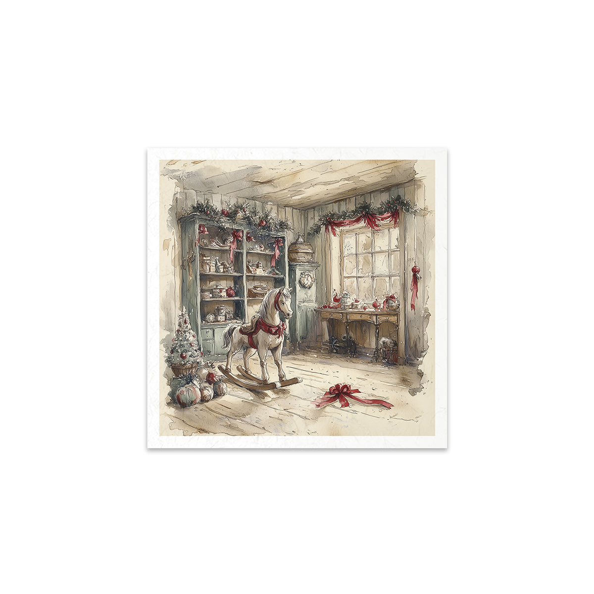 Illustration of a festive room with a rocking horse, Christmas trees, and decorations.